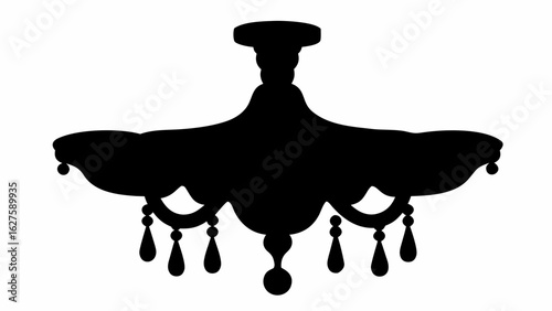 Silhouette of an ornate chandelier with multiple tiers and decorative hanging elements, isolated on white