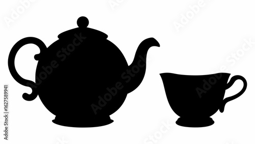 Silhouette of a teapot with a rounded body and a teacup with a handle on a white background design