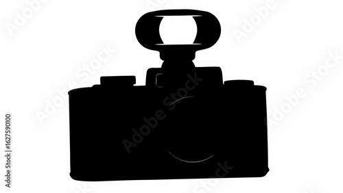 Silhouette of a camera with a flash attachment, showing the outline of the device against a white background