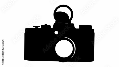 Illustration of a vintage camera with a flash attachment in a solid black silhouette on a white background