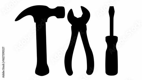 Silhouette of a hammer, pliers, and screwdriver in a row against a white background depicting tools of trade
