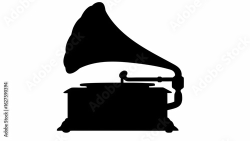 Silhouette illustration of a vintage gramophone featuring a large horn and record player mechanism design