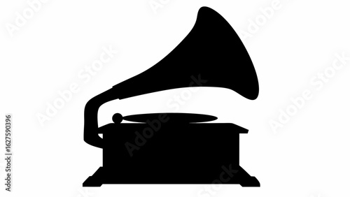 Silhouette depiction of a vintage gramophone with a large horn and record player on a white background