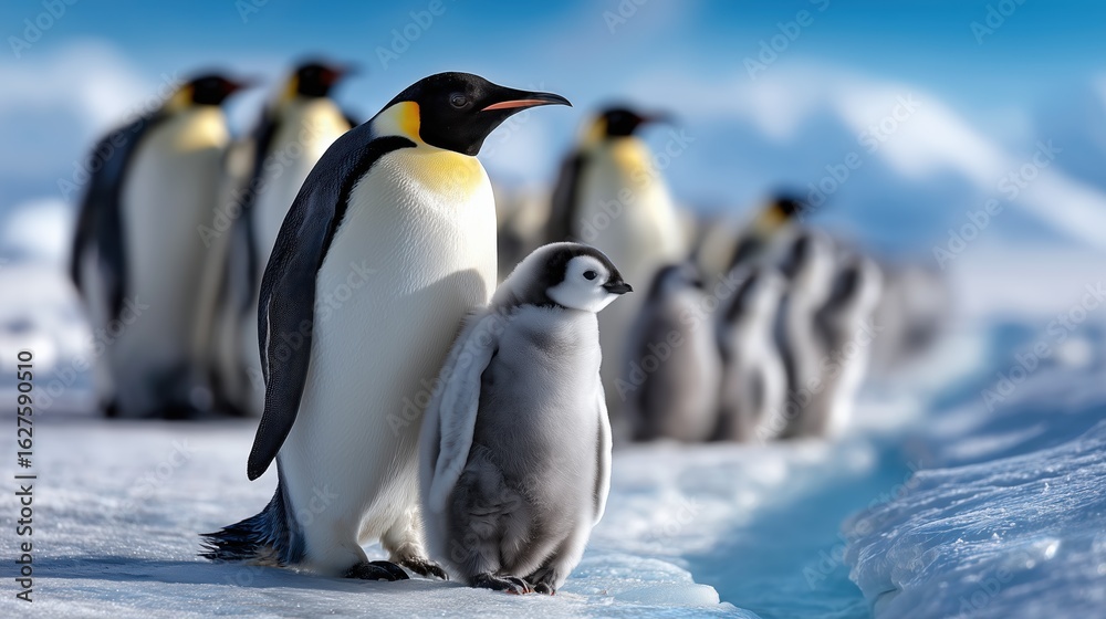 Obraz premium An emperor penguin chick stands close to its parent in a stunning icy environment.