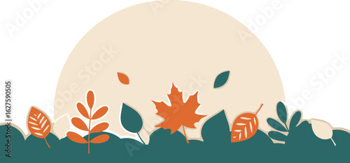 Abstract paper cut art showcases falling leaves and stylized foliage. Ideal for seasonal advertising or editorial designs featuring a calm, natural aesthetic.