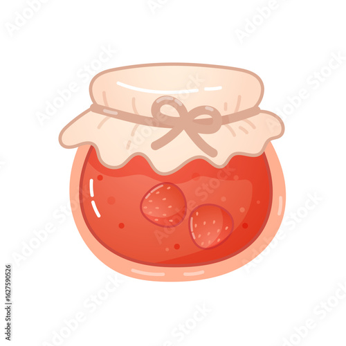 Jar of strawberry jam with fabric lid