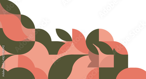 Geometric abstract design with soft peach and dark olive green colors. Stylishly arranged shapes with a minimalist aesthetic.