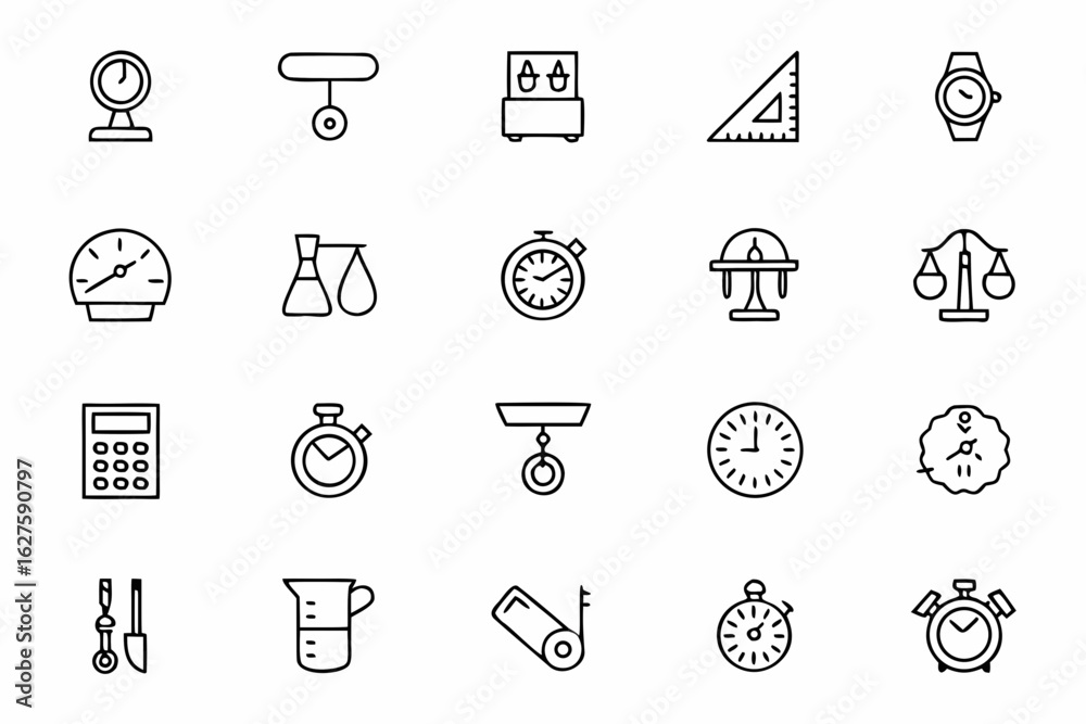 Fototapeta premium A functional and elegant bundle of measurement-related vector icons drawn in continuous line style. Designed for scientific projects, architectural brands, and makers.