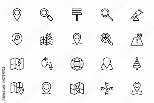 A clean one-line vector set of geolocation symbols to power up interfaces, journey maps, logistics visuals, and outdoor navigation products.