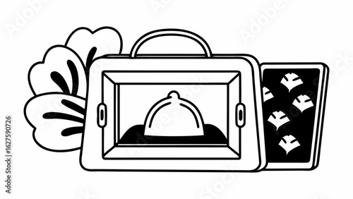 Illustration of a lunchbox with a meal and a side of food next to a flower on a white background