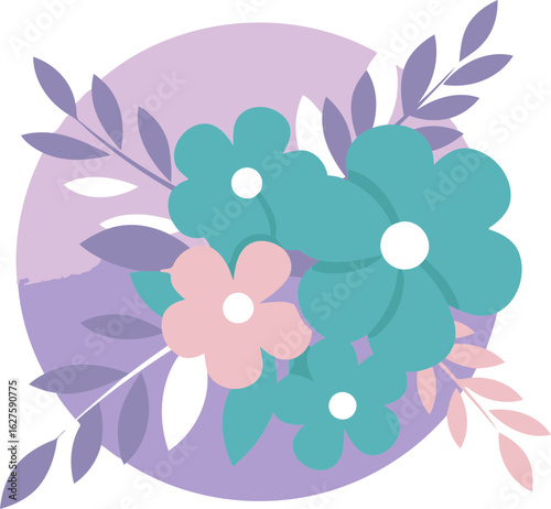 Pastel flower bouquet arrangement with light purple and teal flowers in a soft pastel color scheme. Decorative flowers and leaves against a light pink background.
