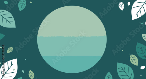 Abstract design with muted greens and teal, featuring scattered stylized leaves in a minimalist layout with a soft gradient circle. Nature-inspired backdrop with a clean, elegant aesthetic.
