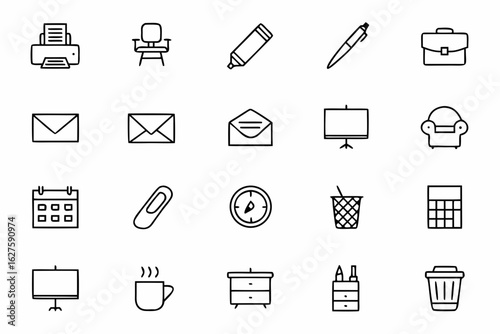  A refined set of workspace icons and office supplies in clean line art style. Great for productivity blogs, business apps, and office supply branding