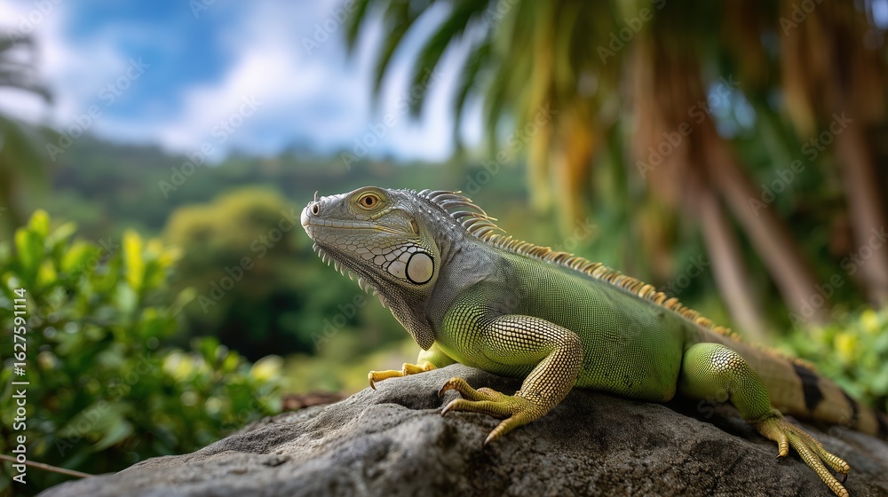 Fototapeta premium A green iguana basks in the tropical sun, showcasing vibrant scales and a keen gaze in its natural habitat.