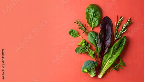 Fresh organic vegetables and herbs flat lay on red background healthy eating concept