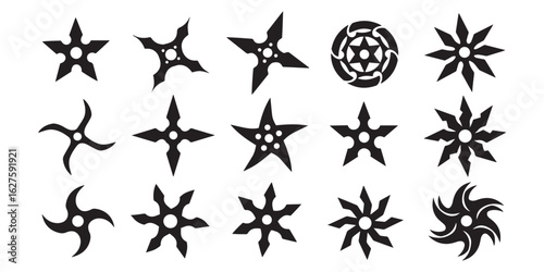 Vector art of collection of shuriken throwing stars, a japanese ninja weapon isolated on white background, vector illustration of martial art equipment isolated on white background