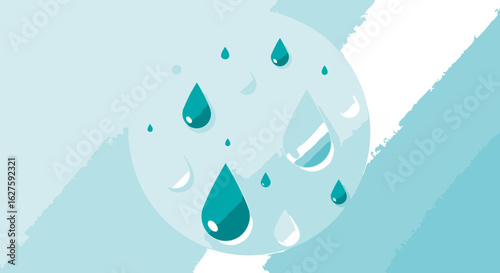 Abstract design of teal and white water droplets in various sizes on a pale blue background. Colorful water droplets positioned in a circular pattern against a light-blue backdrop.