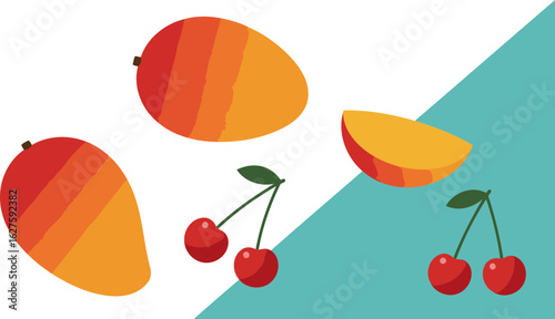 Flat lay of mango and cherry fruit with vibrant colors on a pastel background.