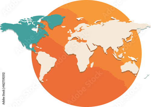 World map graphic with simple design. Flat design world map graphic with teal colored North America continent.