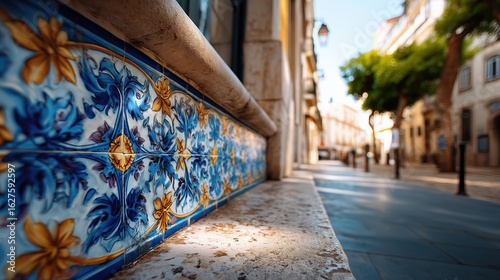 Beautiful azulejo tiles adorn a building, with a charming street view in the distance.
