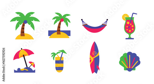 Summer vacation illustrations featuring tropical beach symbols
