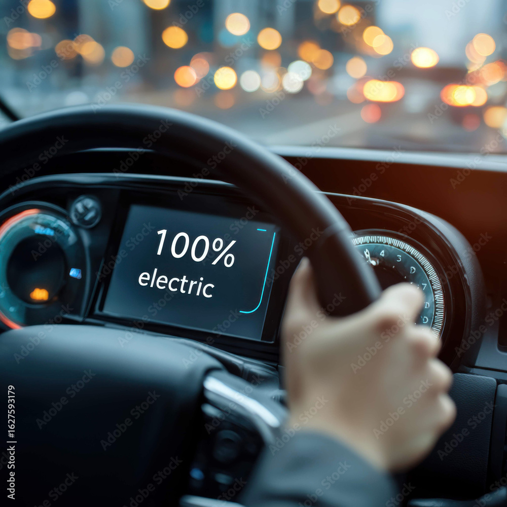 Obraz premium Electric Car Dashboard Showing 100% Battery – Future of Sustainable Mobility