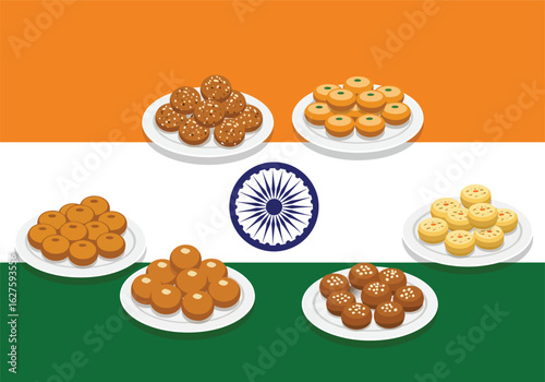 Various Indian sweets arranged on plates, set against the backdrop of the Indian flag.