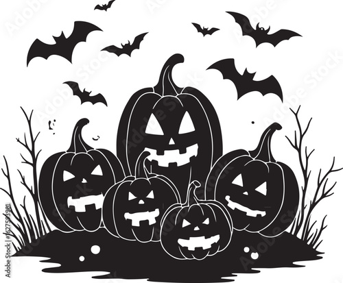 Spooky Halloween pumpkins and bats create a festive holiday scene