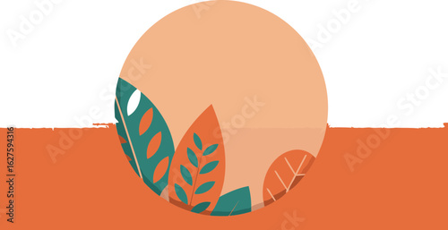 Abstract graphic design with simple orange, peach, and teal leaves in a cut-out oval shape on an orange background. Modern aesthetic with autumnal colors.