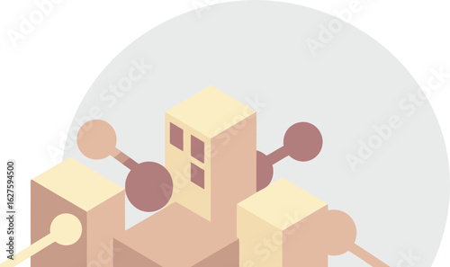 Abstract geometric shapes in pastel colors. Interconnected, 3D cubes and circles arranged in a minimalist style.
