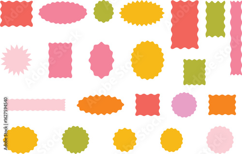 Vector art of collection of colorful wavy edge shapes isolated on white background, decorative labels and stickers for sale and promotion, vector design elements isolated on white background