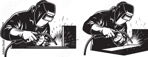 Vector art of welder at work isolated on white background, a vector illustration of a man welding metal with sparks, industrial worker in safety equipment isolated on white background