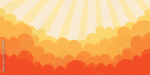Drawing of sunset sky with clouds, sunbeam, fading dot effect, cartoon illustration, natural background, vector design
