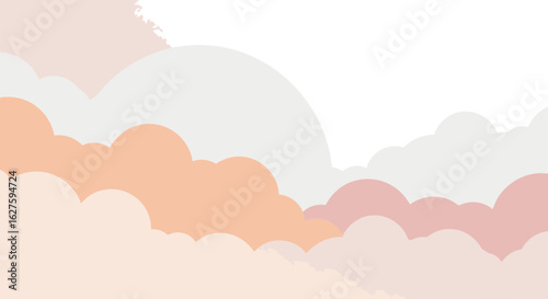 Pastel cloudscape with soft color gradients. Abstract, layered shapes create a peaceful, whimsical sky scene.