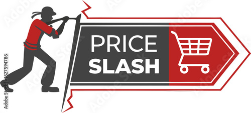 Silhouette man pulling apart price slash sign with shopping cart in red arrow shaped background design