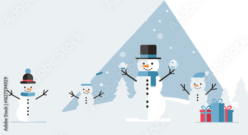 Flat design snowmen playing in a winter landscape with gifts. Three cartoon snowmen with simple clothing and playful poses in a snowy winter scene with fir trees.