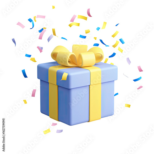 3D blue and yellow gift icon with ribbon, white background