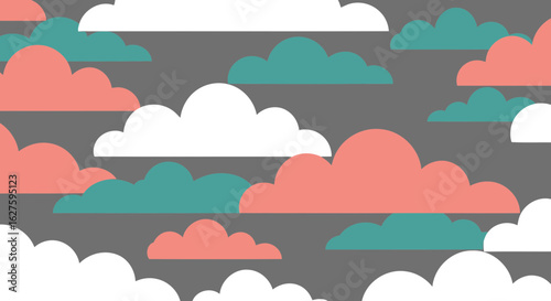 Abstract cloud shapes in varying shades of peach, orange, and teal on a gray background. Colorful cloud shapes layered in a flat design, suitable for children's room decor or educational use.