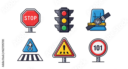 Traffic and safety symbols stop sign traffic light seatbelt road signs vector illustrations