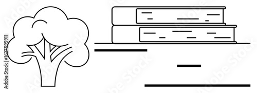 Tree next to two stacked books drawn in clean line art. Ideal for education, sustainability, minimalism, growth, eco-learning, knowledge, and nature themes. Perfect for a simple landing page