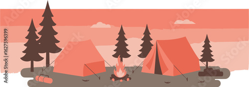 Camping scene with orange tents and a campfire in a forest at sunset. Relaxed campsite with a campfire at the center, silhouette trees, and orange tents.