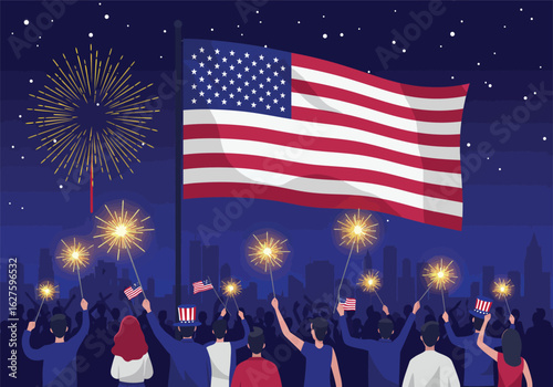 A patriotic crowd celebrates with sparklers and fireworks under a large American flag at night.