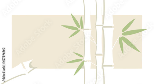 Abstract illustration of bamboo stalks and leaves against a beige background. Simple, stylized design with a pop of color.