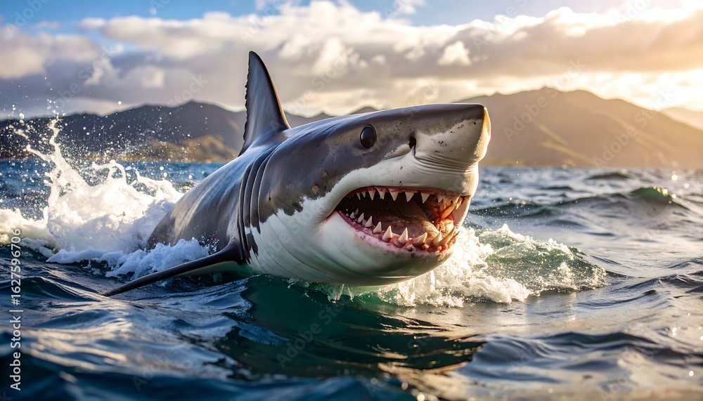 Fototapeta premium Powerful Great White Shark Emerging from Ocean Waves