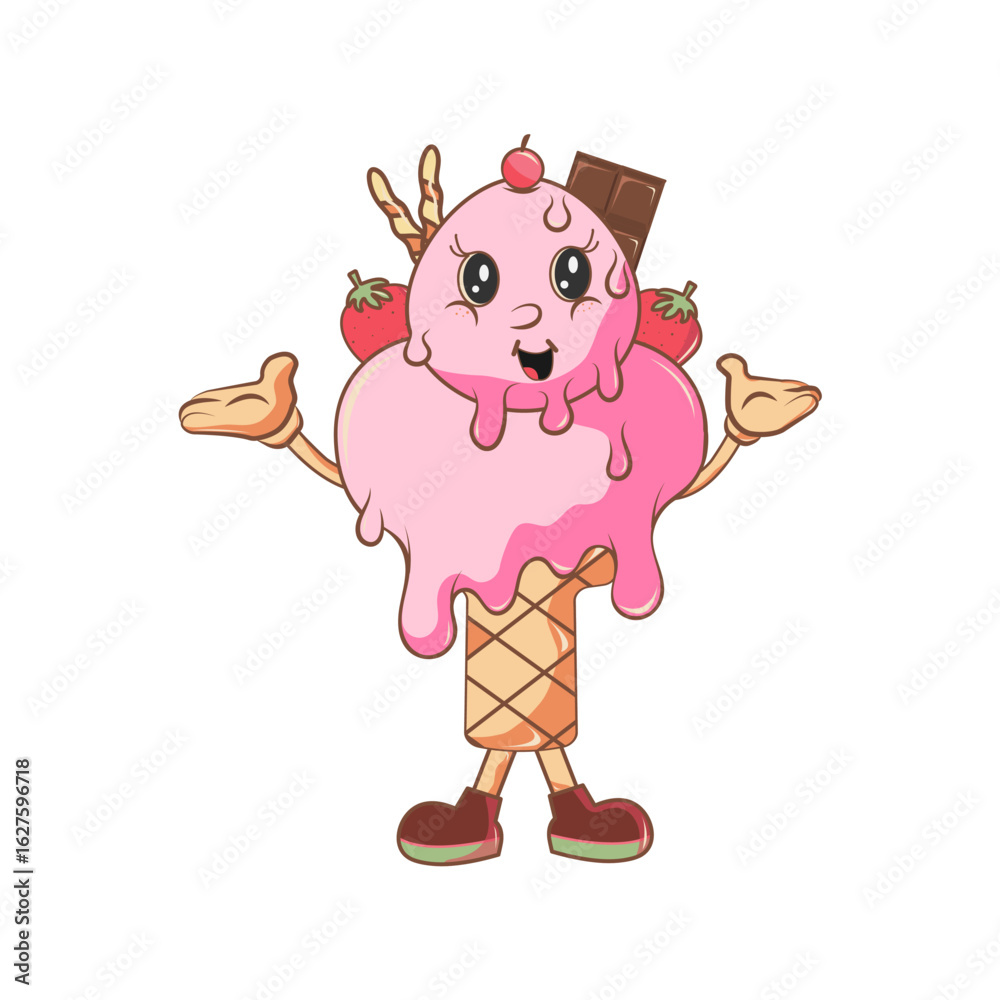 Fototapeta premium A happy ice cream with melting cream, chocolate, and strawberries