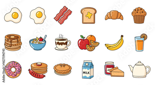 A vibrant collection of classic breakfast food and drink icons. Cartoon vector illustrations for menus or morning meal concepts.