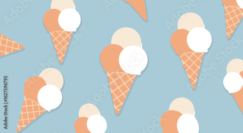 Ice cream cones with pastel colors in a summery pattern. Multiple ice cream cones in various positions. Colorful, graphic summer dessert design for use in advertising and branding.