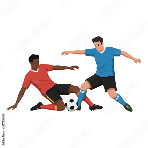 Intense soccer competition with two diverse players in action, one executing a slide tackle to win the ball.