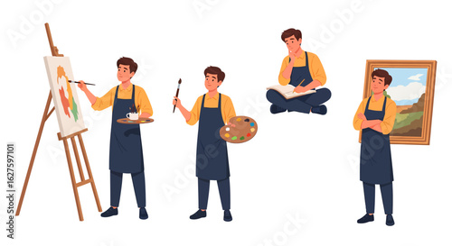 A character set of a male artist engaged in the creative process, from sketching ideas to painting a masterpiece concept.