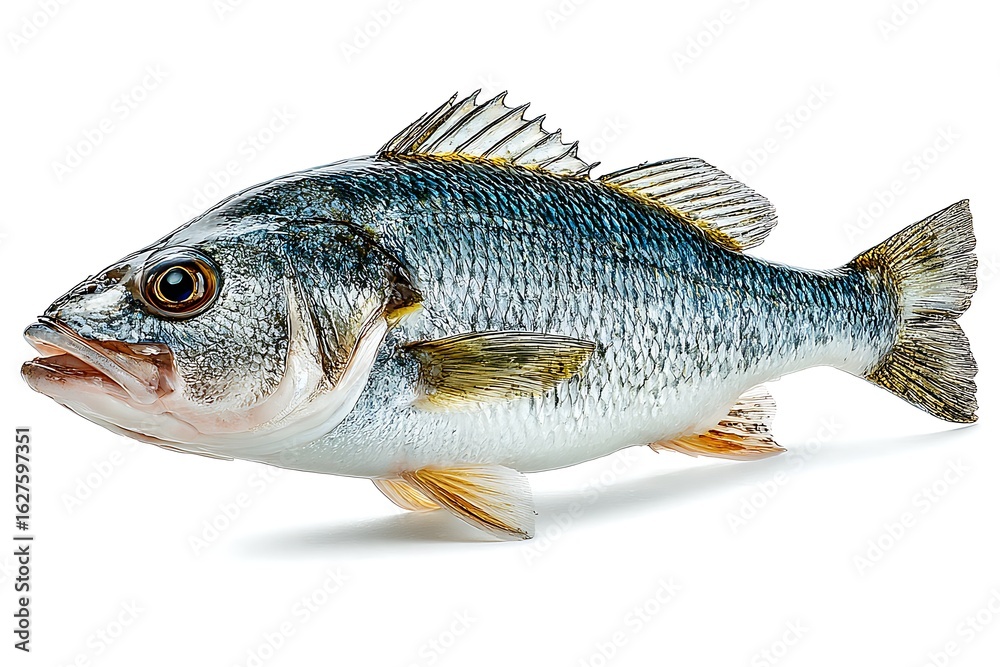 Fototapeta premium Studio Shot of a Raw Sea Bass Fish Facing Left seafood